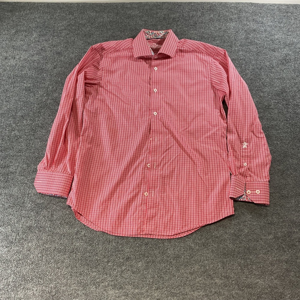 Bugatchi Uomo Mens Red White Micro Check Floral Trim Button Down Shirt L